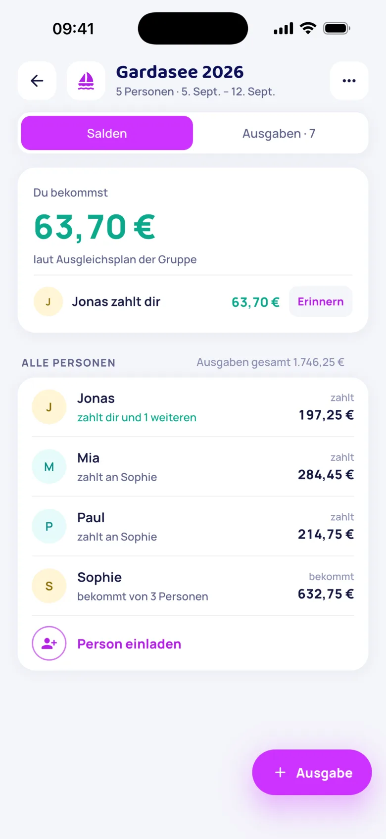 Gruppenkasse für Urlaub und WG mit Salden